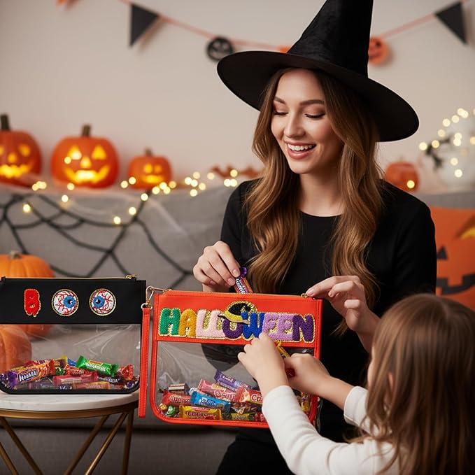 Remerry 2 Pcs Halloween Christmas Chenille Letter Clear Pouch Candy Treat Snack Goodie Bag PVC Makeup Cosmetic Bag Waterproof Preppy Purse Gifts for Women Girls (Spooky Eye & Halloween Witch Hat Set)