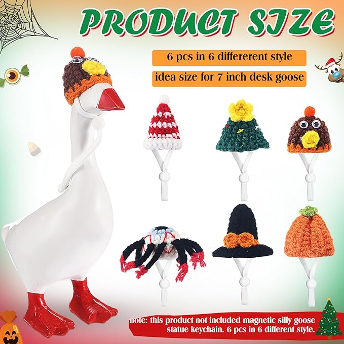 Geyoga 6 Pcs Mini Knitted Hats 7 Inch Goose Outfits Hat with Adjustable Strap Mini Porch Goose Headwear for Statue Key Holder