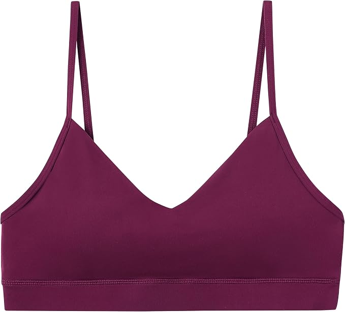 Oalka V Neck Sports Bra for Women Adjustable Padded Thin Straps Wireless Yoga Bras