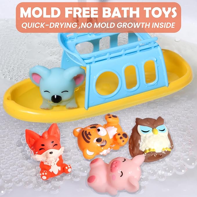 Oriate Bath Toys for Kid, 1 Boat and 5 Silicone Animal Finger Puppets, Sensory Learning Toy Set in The Bathtub, Pool, Beach, Gifts for Kids Boys Girls 3 4 5 6 Year Old