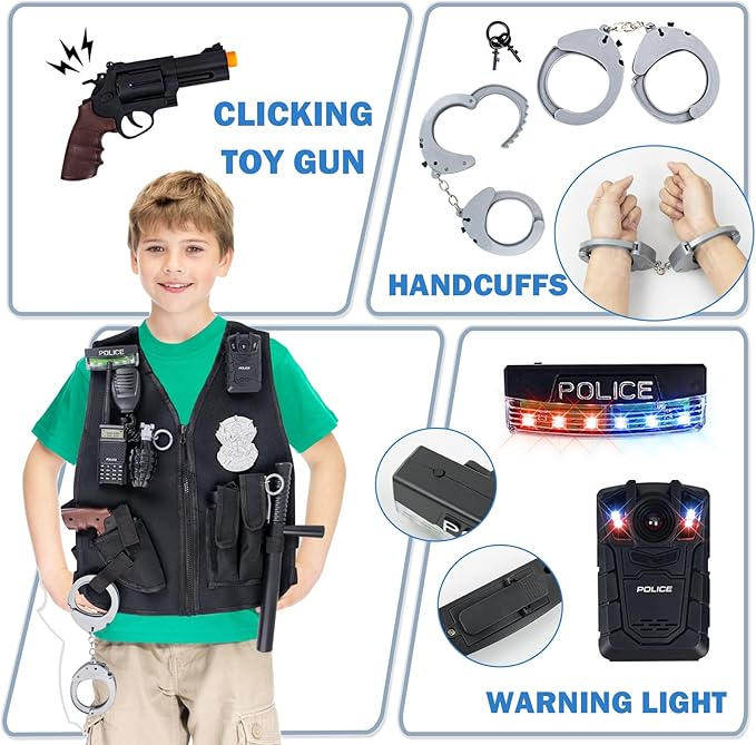14Pcs Halloween Police Costume for Kids, Pretend Play Swat Vest with Toys Accessories, Role Play Cop Costumes Outfit Dress up Set for 4-6 6-8 Ages, Boys Halloween Costume
