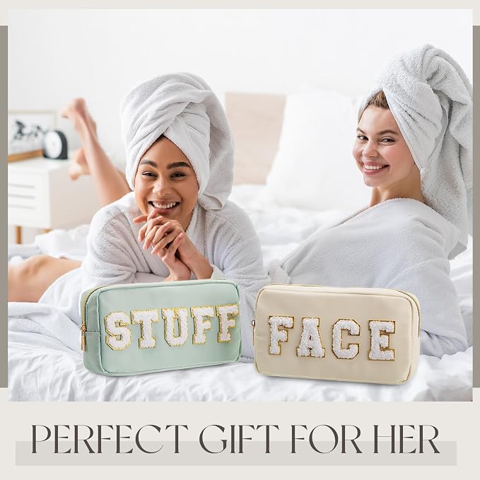 Preppy Makeup Bags Chenille Letter Stuff Bag Nylon Cosmetic Pouch Cases with Zipper for Women Travel Toiletry(Soft Color,Soft,4 Pcs)