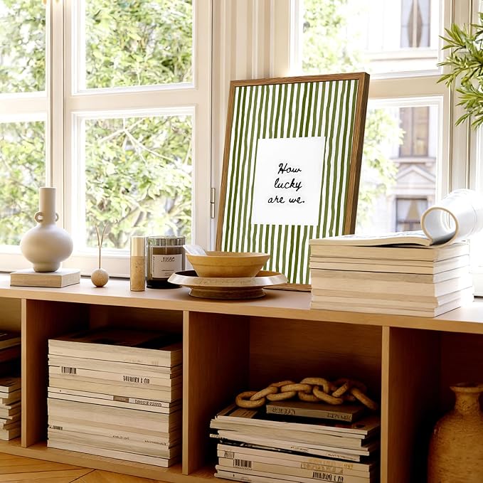 Framed How Lucky Are We Wall Art, Green Striped Pictures Wall Decor, Trendy Inspirational Quote Paintings Canvas Prints Preppy Home Decor for Living Room Bedroom Office Dorm 16x24 inch