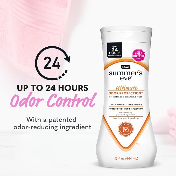 Summer's Eve Ultimate Odor Protection Feminine Wash with Shea Butter - Up to 24 Hour Vaginal Odor Control, pH Balanced Formula, Clinically & Gynecologist Tested Intimate Body Wash - 15 Fl Oz