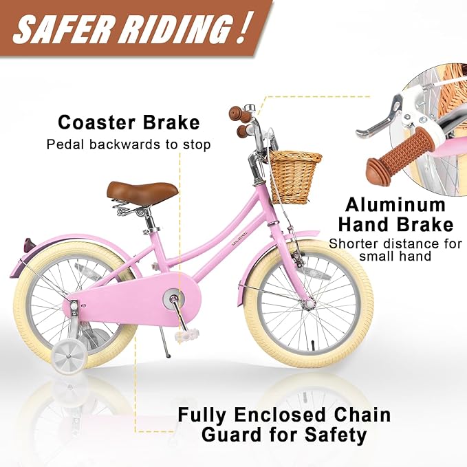 Glerc Little Molly 12-20 Inch Kids Retro Cruiser Bike for 2-13 Year Old with Wicker Basket & Training Wheels/Kickstand, Multiple Colors