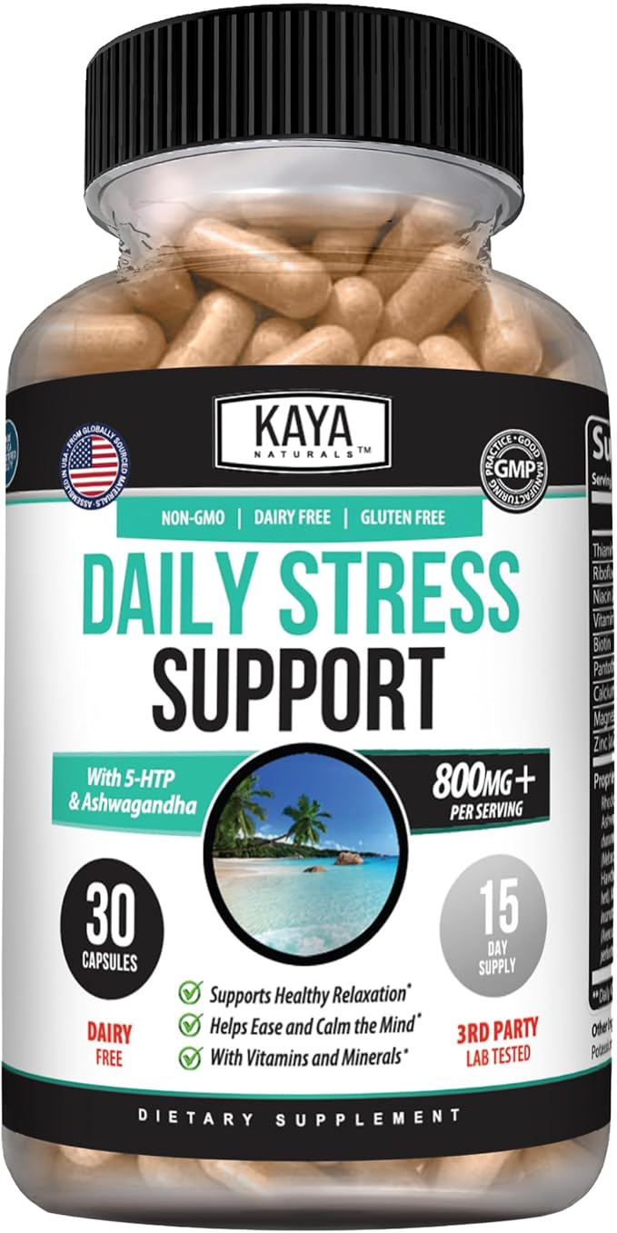 Kaya Naturals - Natural Herbal Stress Relief Support Vitamin Supplement to Relax and Calm the Mind - Boost Mood - Happy Pills - Anxiousness Support - 30 Capsules