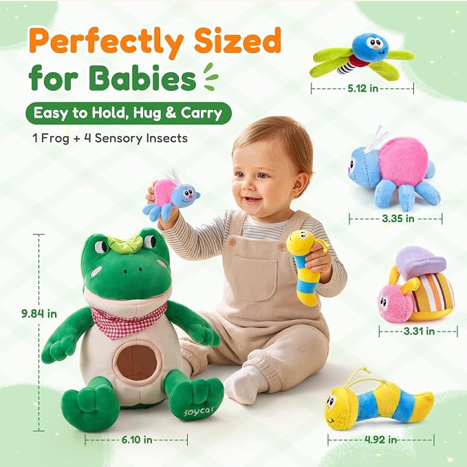 JoyCat Baby Toys 3-18 Months, Frog Montessori Toy Includes 4 Sensory Insects with Rattle, Crinkle, Squeaker & Baby Mirror for Tummy Time, Soft Stuffed Animal Toy for Infants Newborn Boy & Girl Gifts