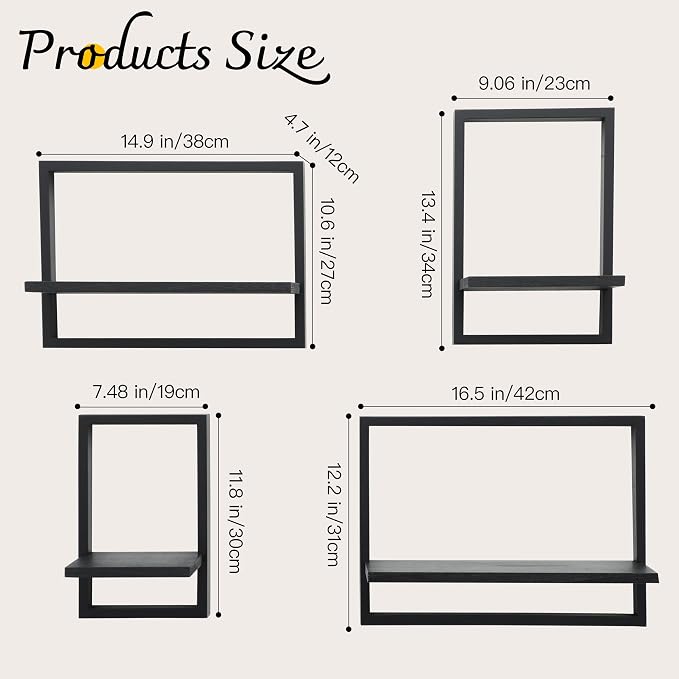 Floating Shelves for Wall,Decorative Wall Shelves Black,Plants Shelf Framed | Square Wall Decor,Art Sconces Artificial Vases Hanging Storage Shelf for Bathroom Living Room Elegant,Wood,Set of 4