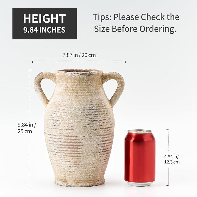 Emotionally Grounded Vase, Vaseking Large Ceramic Rustic Vase with 2 Handles, 9.8 inch Minimalist Decorative Farmhouse Tall Vases for Home Decor, Living Room, Enterway, Wedding, Fired Terra Clay