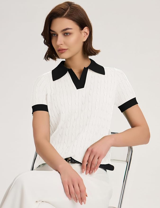 Micoson Womens Short Sleeve Sweater Tops Lapel V Neck Polo Shirts 2026 | Summer Cable Knit Loose Blouses, Business Casual Outfits