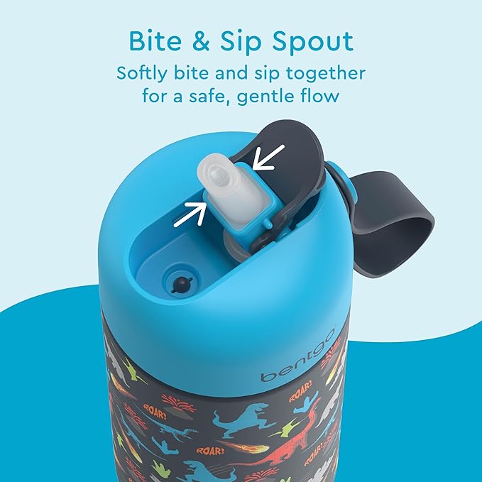 Bentgo® Kids Stainless Steel Insulated Water Bottle - Leak-Proof; Keeps Cool for 12 Hours; Durable, BPA-Free, Dishwasher Safe 14 oz. Cup for Ages 3+ for School/Sports/Daycare (Dinosaur)