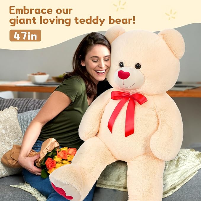 MaoGoLan Giant Teddy Bear Plush 42",Big Teddy Bear Stuffed Animal with Heart Footprints and Heart Nose,Large Valentines Bear for Girlfriend,Wife,Lover-Anniversary, Birthday,Long Distance
