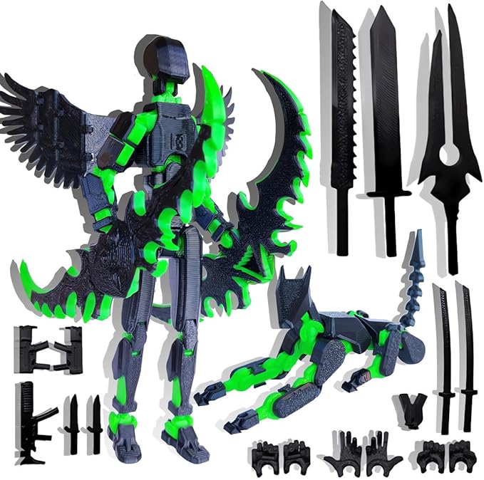 T13 Action Figures Set (Assembly Completed) Dummy 13 Titan 13 Robot Action Figure 3D Printed Robo Multi-Jointed Movable Action Figure Toy with Full Articulation (Black + Green Figure + Dog)