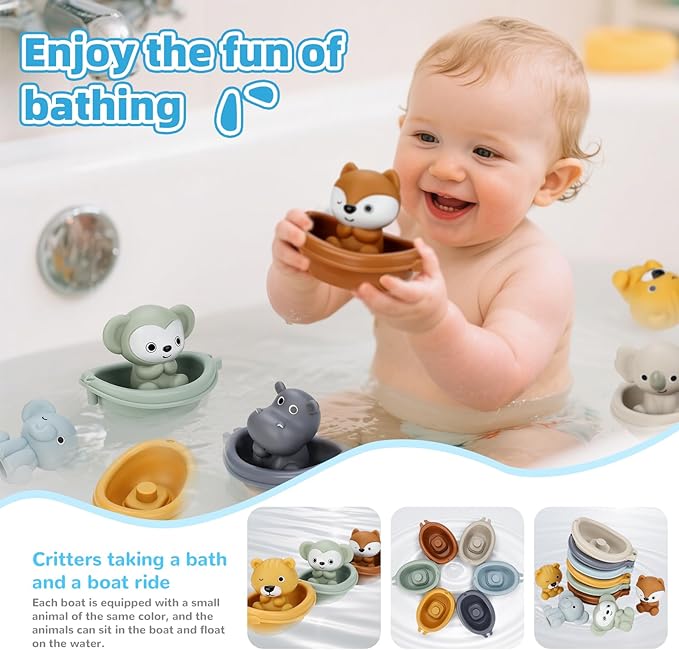 Bath Toys Float Boats for Kids Ages 18M+,Stackable Floaty Boat,Silicone Animal Finger Puppets,Toddler Toys Gifts for 2-4 Year Old Baby Gifts Valentines Easter Basket