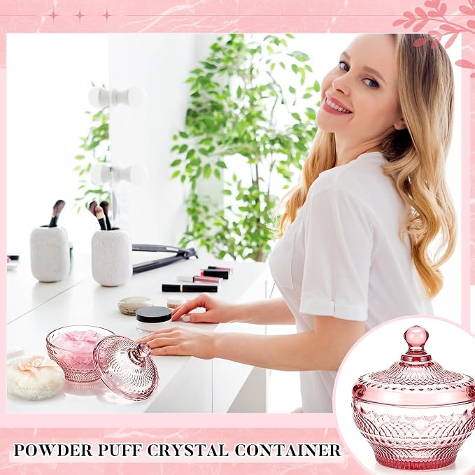 Tioncy 3 Pcs Large Body Powder Puff and Container Valentine's Day gift Powder Container with Puff Crystal Case Soft Washable Reusable Velour Face Body Glitter Wet Dry Makeup (Retro,Purplish-red)