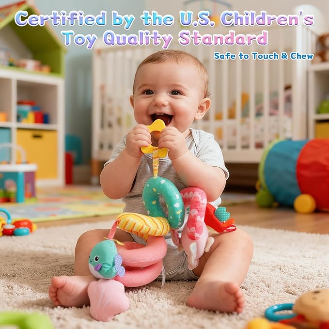 Car Seat Toys for Baby Toys 0-6 Months, Hanging Crib Stroller Toys with Rattle, Mirror, Crinkle, Squeaky Spiral Baby Activity Carseat Sensory Toys for Newborn Infants Girls Birthday Gifts