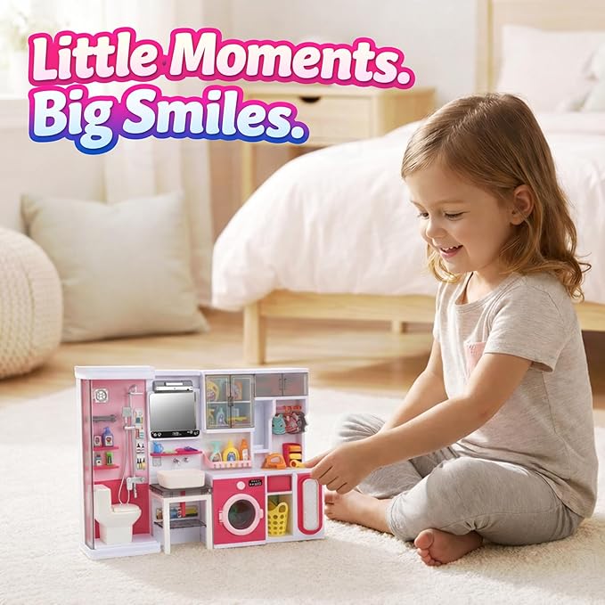 Doll Mini Bathroom Laundry Playset for Kids, House Furniture Pretend Play Toy Accessories Set with Realistic Lights & Sounds for Toddlers, Girls (4-in-1 Bathroom Set)
