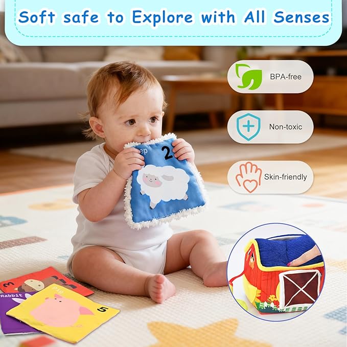 weirtoya Baby Tissue Box Toy-Montessori Sensory Activity Center for 6-18 Months,Farm Animals, Squeaky Sounds, Safety Mirror Play Silks, Top Choice for Baby Registry, Easter Baskets & Birthday Gifts