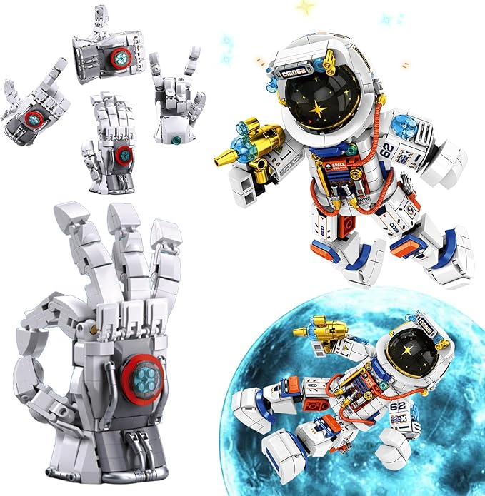 2 Space Building Kit Astronaut Man & Gauntlet Set, Cool Flexible Spaceman-Explorer Space Glove Building Toy, Creative Space-Themed Gift for Teen 14+, Adult