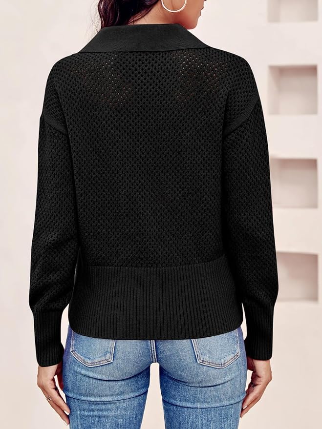 Doshoop Womens Summer Crochet Sweaters Long Sleeve Hollow Out Knit Half Zip Lapel Collar Pullover Tops