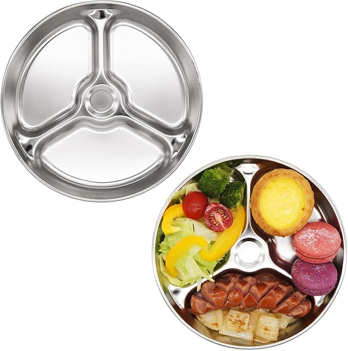 Korean Stainless Steel Non-Toxic Divided Plates for Toddlers & Kids 2-Pack | Premium 304 electro-polished stainless steel with no black residue. BPA-free 8" food tray for babies school & daycare