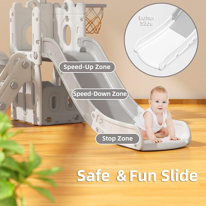 Glaf 7 in 1 Toddler Slide Indoor Outdoor Playset Kids Slide for Toddlers Age 1-3 Baby Slide with Basketball Hoop and Ball Storage Space and Telescope Freestanding Climber Slides Toys (Grey)