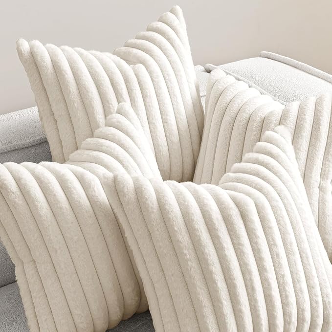 MIULEE Faux Fur Plush Decorative Throw Pillow Covers 20x20, Cream White | Set of 4, Striped, Soft Modern Cozy Home Decor, Cushion Cases for Sofa Couch Bed Living Room