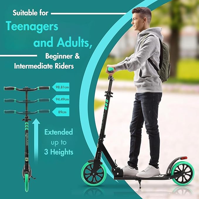 SereneLife Two Wheel Scooter for Teens, Smooth Gliding Kick Scooter for Adults w/Adjustable Height for Ages 8+, Portable All Terrain Scooter w/Carry Straps, Easy to Fold