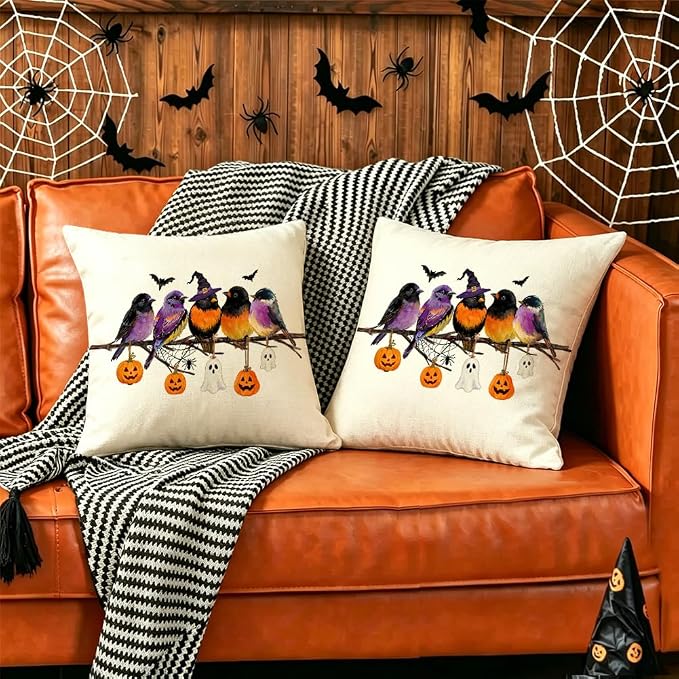 RABUSOFA Halloween Pillow Covers 18x18 Inch Halloween Decorations for Home | Watercolor Birds,,Spooky Ghost Pumpkin Bat Halloween Decor,Supplies Accessories for Home Couch Party Patio