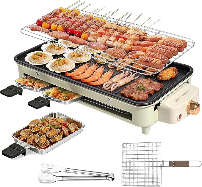 1500W Smokeless Electric Indoor Grill, 3 in 1 Korean Barbecue Grill with Net & Non-Stick Removable Plate and Magnet Strip, Temperature Control & Dishwasher Safe, Smokeless Korean BBQ for Kitchen Party
