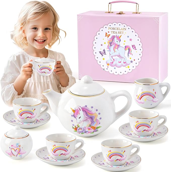 TUZT Porcelain Tea Party Set for Little Girls Kids Toddlers, 13Pcs Unicorn Tea Set - Teapot & Cup & Saucer & Suitcase,Pretend Play Toys Kitchen Set - Christmas Birthday Gift for Girls