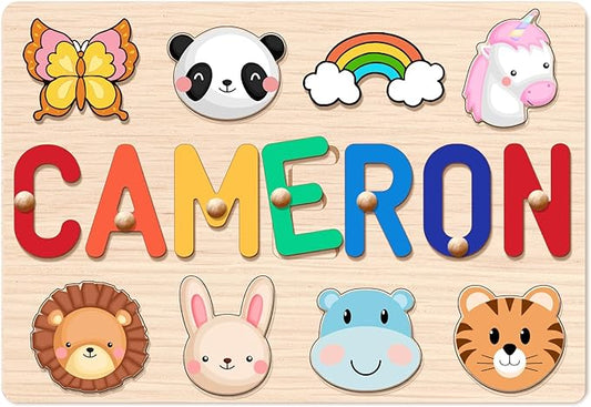 Personalized Name Puzzle for Kids, Personalized Baby Gifts Name Puzzles for Toddlers 1-3 with Pegs Engraved Text Greetings on Back, 1st Birthday Christmas Easter Gifts for Boys&Girls, Montessor Toys