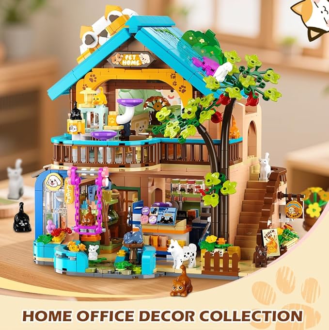 City Pet Shop Building Set with Lights, Cozy Pet House Construction Toy with Cats Dogs Rabbit, 1431 PCS Cute Animal Store Miniature Model Building Block Kit for Adults Kids Boys Girls Ages 12+