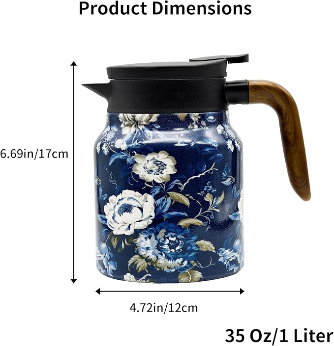 35 OZ Camellia Vintage Floral Tea Pot with Infuser, Large Capacity Insulated Stainless Steel Tea Kettle, 12 Hour Hot/Cold Retention, Tea-Water Separation Loose Leaf Tea Steeper for Hot Drinks