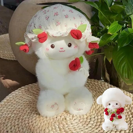 Baby Sheep Bouqet, Rose Bouquet Plush Sheep with Detachable Flower Hat, Rose Lamb - A Huggable Bouquet of Love, Adorable Sheeps Bouquet Plush, Emotional Support Plushie Gift for Christmas (Red)