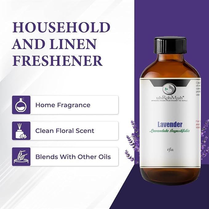 Organic Lavender Essential Oil - Steam Distilled Lavandula Angustifolia, Flower Oil, Premium Floral Aroma Middle Note Oil for Aromatherapy, Skincare, Haircare and DIY Cosmetic Formulations - 4 Fl oz