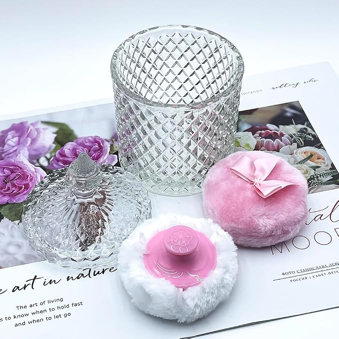 Luxury 4.2 Inch Glass Powder Container with 2 Plush Puffs｜Non-Sealed Refillable Organizer for Body Powder&Makeup｜Setting Powder Applicator w/ Loose Powder Storage(Pointed Cylinder-Clear-Large)