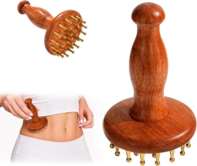Oleamuo Meridian Massage Brush for Belly, 29-Teeth Brass Head Massage Tool | Rosewood Handle, Cooling Touch, for Scalp & Body Relief