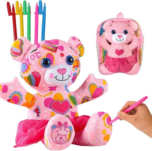 Coloring Plush Toy with 5 Washable Markers for Little Girls Doodle Dolls for Kids Ages 4-6 Birthday (Pink Bear)