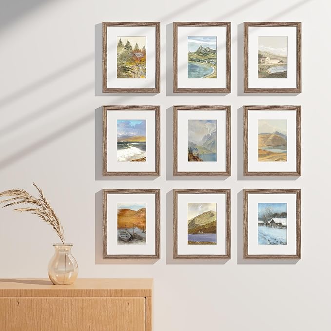 Vittanly 8x10 Picture Frames Set of 9 for Wall Mount or Tabletop, Dark Oak | Display Pictures 5x7 with Mat or 8x10 without Mat, Small Photo Frames, Engineered Wood with Shatter Resistant Plexiglass