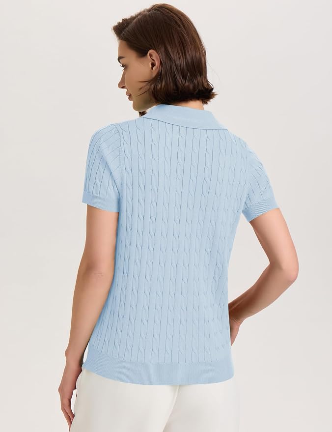 Micoson Womens Short Sleeve Sweater Tops Lapel V Neck Polo Shirts 2026 | Summer Cable Knit Loose Blouses, Business Casual Outfits