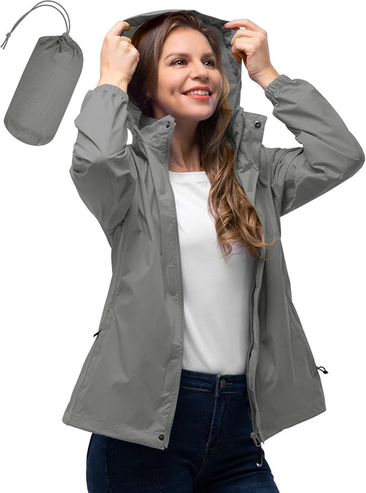 33,000ft Women's Rain Jacket Waterproof Lightweight Packable Raincoat with Hood for Golf Hiking Travel Windbreaker