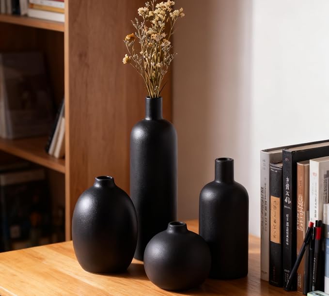 Black Ceramic Vase Set of 4, Classic Matte Small Vases Home Decorations for Table Shelf Office Centerpieces Decor