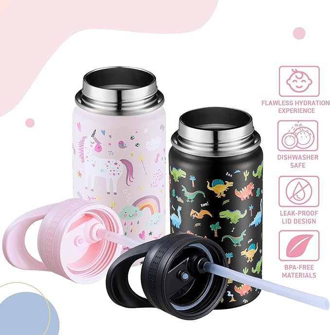 2 Pack Kids Water Bottle,14oz Stainless Steel Insulated Water Tumbler Leak-Proof,School Water Mug,Small and Portable,Suitable for Boys and Girls to Use(Black dinosaur + Pink unicorn)