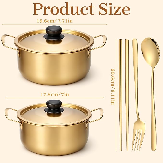 2 Pack Korean Ramen Pot With Lid, Korean Ramen Noodle Pot with Handles, Koreans Noodle Cooker with tableware, Koreans Pots Stainless Steel Cooking Pots, Golden KoreanCookingPot(7", 8")