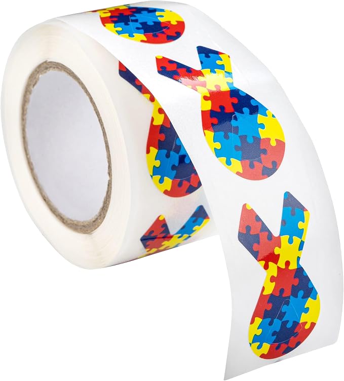 250 Small Autism Ribbon Stickers with Puzzle Pattern - Roll of Asperger’s Autism Awareness Stickers - Perfect for Events, and Fundraising