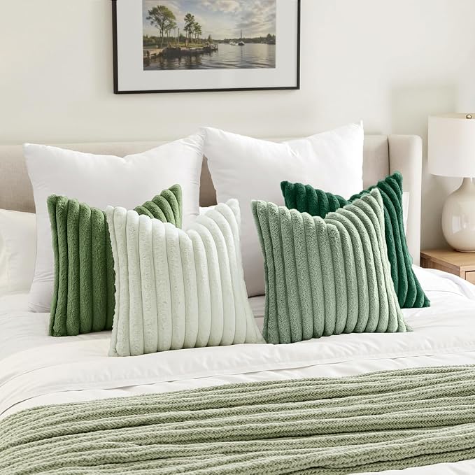 MIULEE Faux Fur Plush Decorative Throw Pillow Covers 18x18, Green | Set of 4, Striped, Soft Modern Cozy Home Decor, Cushion Cases for Sofa Couch Bed Living Room