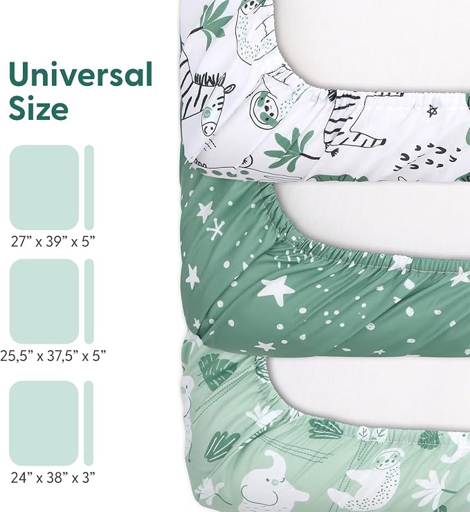 The Peanutshell 3-Pack Fitted Playard Sheets - Soft & Breathable Baby Boy or Girl Mini Crib Sheets, Pack N Play Mattress, Fits Standard Playard Pack Play Mattresses - Green Safari