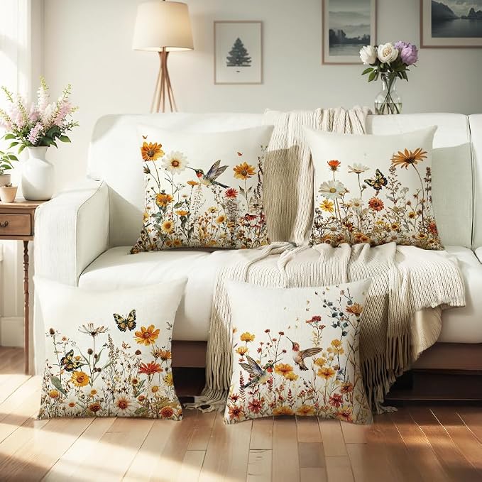 wyooxoo Spring Pillow Covers 18x18 Set of 4 Farmhouse Summer Throw Pillow Covers Floral Decorative Cushion Cases for Sofa Couch Outdoor Bedroom