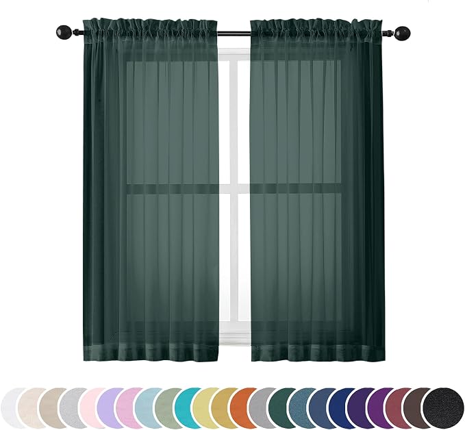 OWENIE Green Sheer Curtains 54 Inch Length 2 Panels Set for Christmas, Clear Sheer Short Curtains for Small Window, 2 Pcs Total 84 Width 54 Long, Green